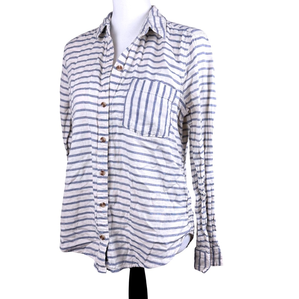 Abercrombie & Fitch White Nautical Blue Striped Long Sleeve Button Down Shirt
